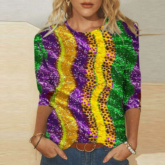 Sequin Mardi Gras Tops for Women Casual Crewneck Pullover Tshirt Three Quarter Sleeve Tops Color Block Shirt Blouse