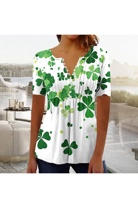 Cheap Womens Short Sleeve Shirts Casual V Neck Top Blouse Pleated Button Shirt Summer Tops St. Patrick's Day Shamrock Shirt