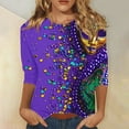 thumbnail image 1 of Mardi Gras Shirts for Women Bling Glitter Color Block Shirt Carnival Print Top 3/4 Sleeve Blouse Casual Crewneck Tee, 1 of 5