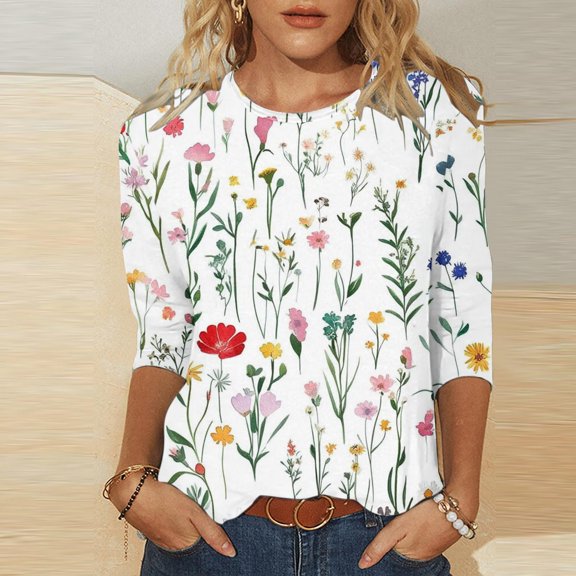 Three Quarter Length Sleeve T Shirts for Women Floral Plant Print Top Blouse Tees Casual Crew Neck Pullover Tshirt Tops