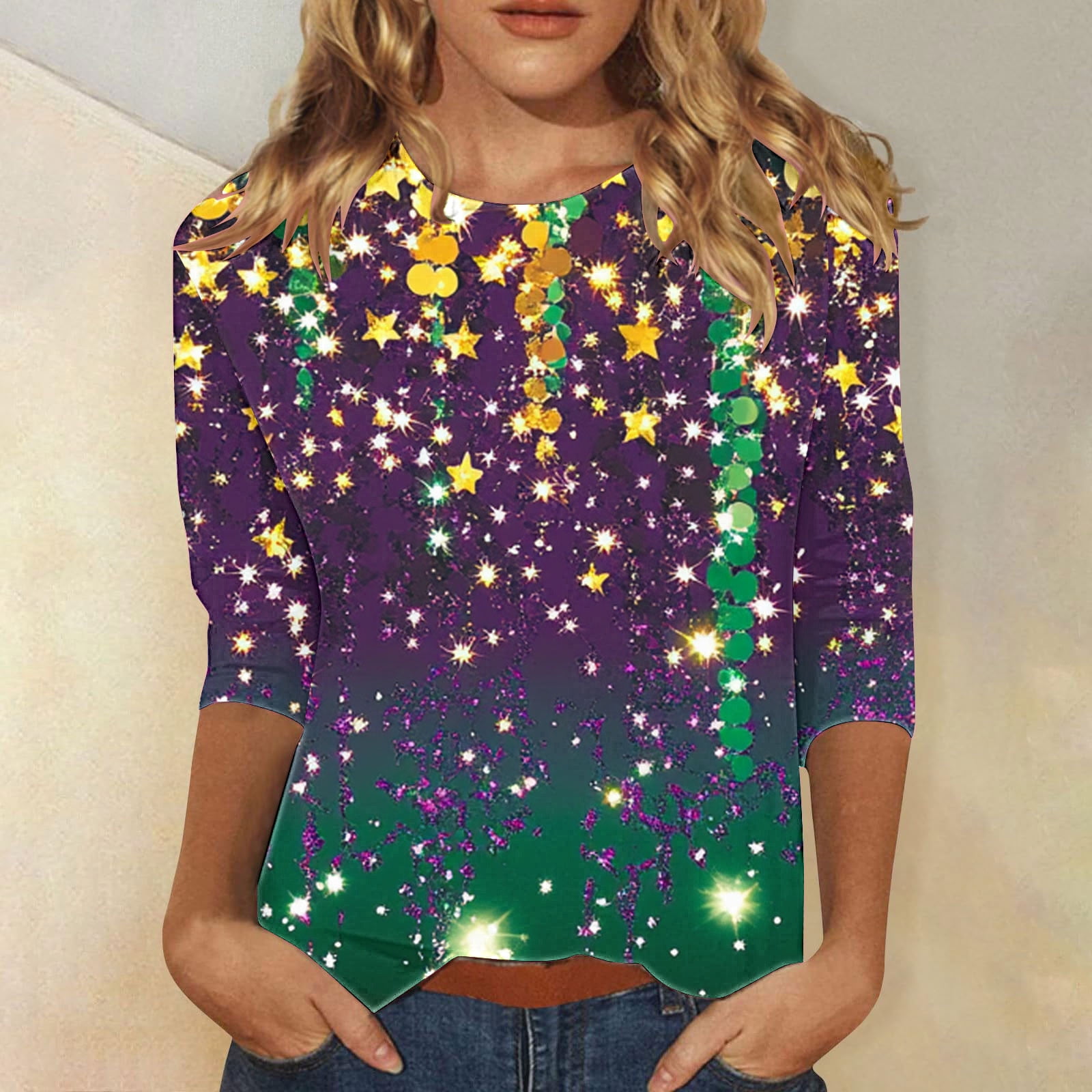 Women's Striped Button Down  Sequin Shirt with Mardi Gras Float Wrap-Around main image 1