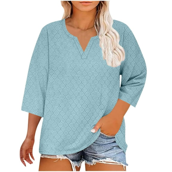 Cheap V-Neck T-Shirts for Women on Oversized Summer Tunic for Women V Neck 3/4 Sleeves Shirts Loose Fitting Ribbed Knitted Tops Plus Size T Shirts