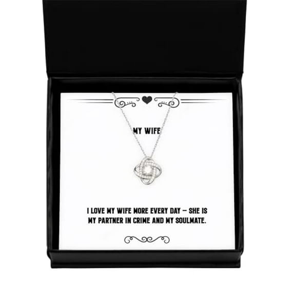 Cheap Wife Gifts, I love my wife more every day - she is my partner in crime and my, Birthday Love Knot Silver Necklace For Wife, Anniversary, Christmas, Valentines Day, Mothers Day, Fathers Day