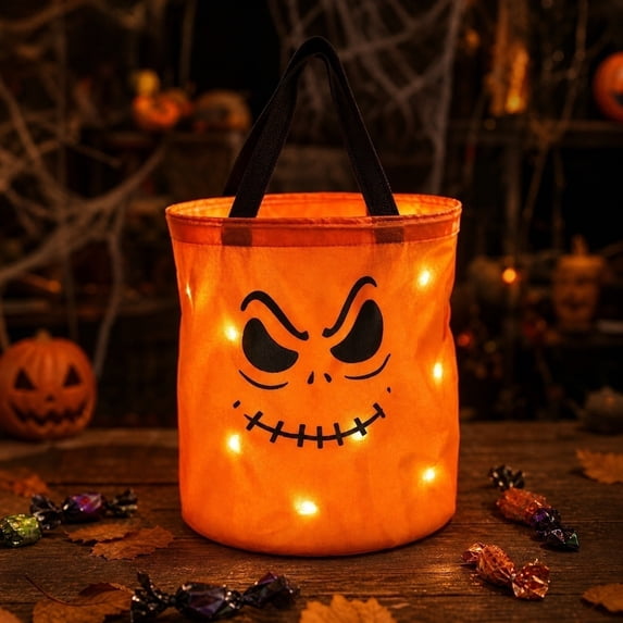 Cheapark 1 Pack 9.8 x 11.8 In Glowing Halloween Candy Bag, Light Up Trick Or Treat Tote, Luminous Goody Sack Trick Or Treating, Halloween Party Decor
