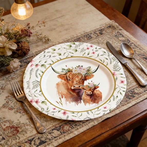 Cheapark 10 Pieces Highland Cow Paper Plates 9 Inch 7 Inch Retro Floral Theme Disposable Party Dinnerware Patriotic Supply