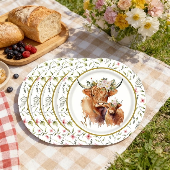 Cheapark 10 Pieces Highland Cow Paper Plates 9 Inch 7 Inch Retro Floral Theme Disposable Party Dinnerware Patriotic Supply