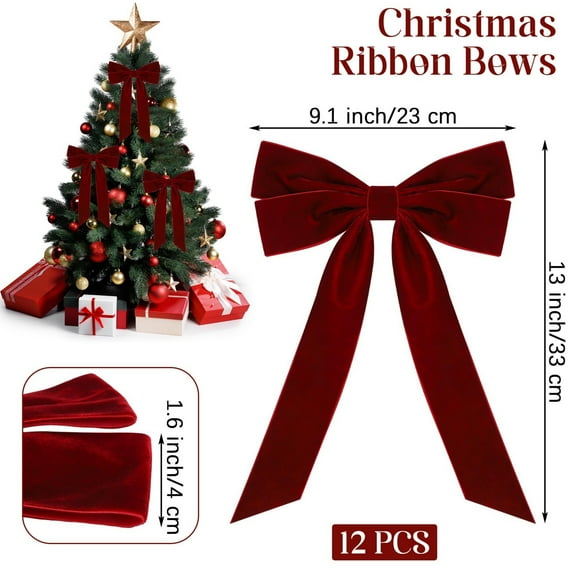 Cheapark 12-Piece Velvet Christmas Bow Ornaments - Decor for Christmas Tree & Wreaths, Festive Hanging Accents for Holiday Home Decor