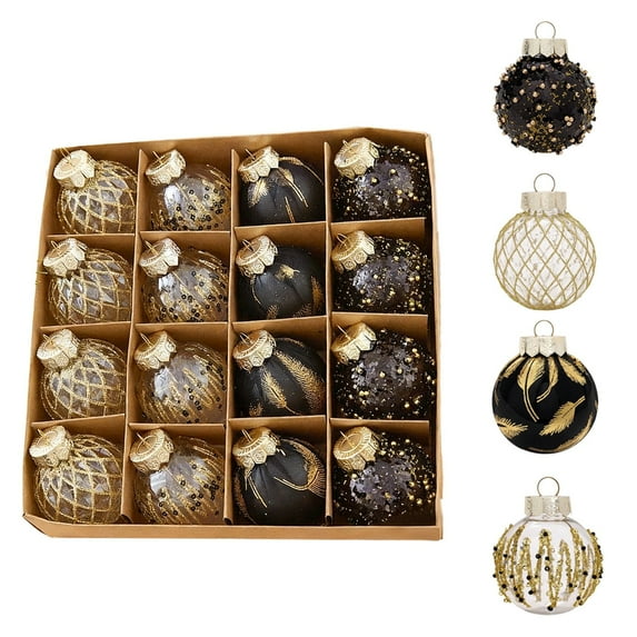 Cheapark 16 Champagne Black & Gold Christmas Balls - Metallic Finish Colorful Tree Pendants for Home Party Indoor Christmas Holiday Decorative Accents