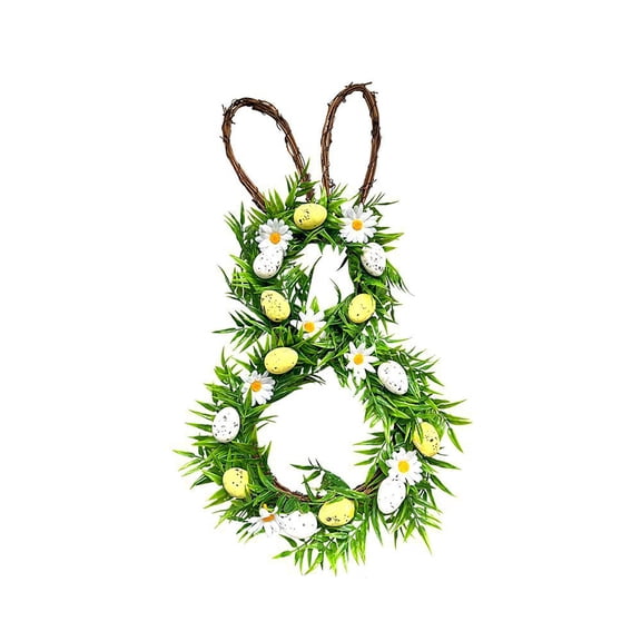 Cheapark 19.6 Inch Easter Bunny Shaped Wreath with Green Leaves Bow for Front Door Window Spring Holiday Decoration