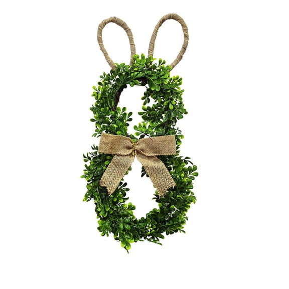 Cheapark 19.6 Inch Lighted Easter Bunny Shape Wreath for Front Door with Green Leaves Bow Spring Home Decor