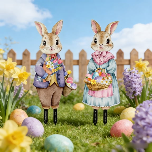 Cheapark 2 Pieces Lovely Flower Picking Bunny Yard Stake Sign Easter Garden Patio Outdoor Decorative Ornament