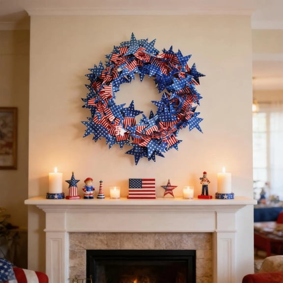 Cheapark 24.6ft Independence Day Decorative Wreath Star Festival Party Vine Garland Patriotic Home Outdoor Layout Prop