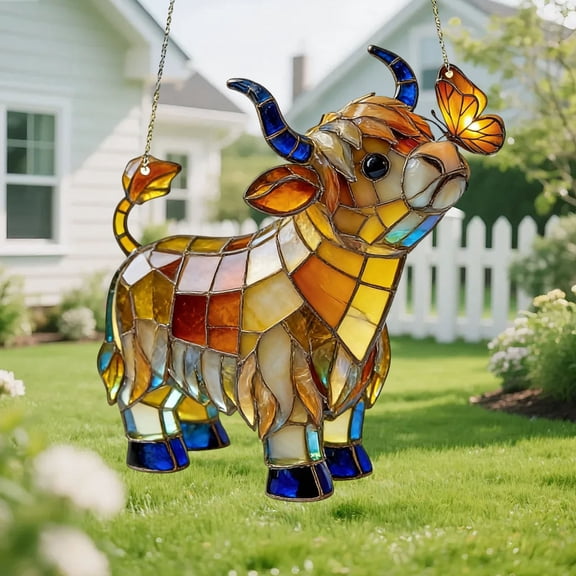 Cheapark 2D Flat Cow Suncatcher Colorful Acrylic Style Window Hanging Decor for Home Garden and Farmhouse Sunlight Display
