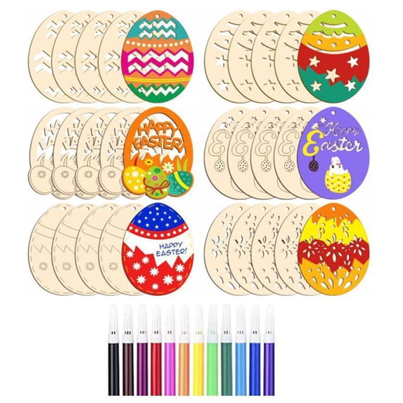 Cheapark 30 Piece Graffiti Eggs Imitation Wooden Models with 12 Brushes for Painting Craft and Spring Holiday Activity