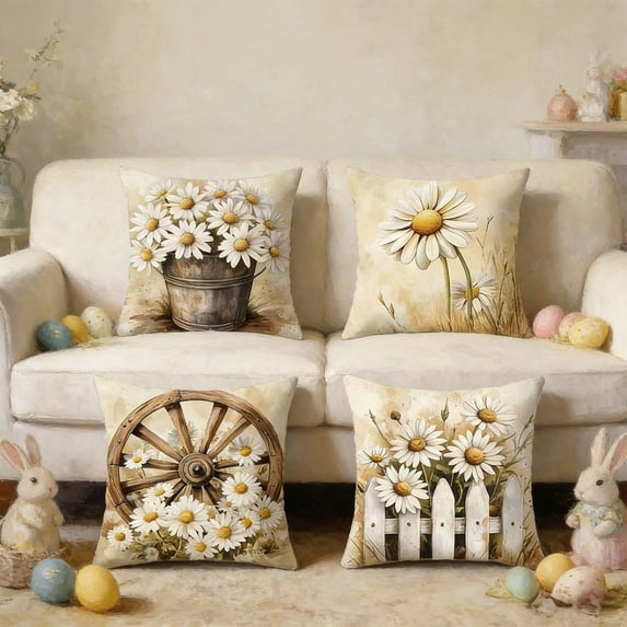 Cheapark 4-Pack Daisies Watercolor Flower Throw Pillow Cases Farmhouse Style Decor Covers For Living Room Bedroom Patio Sofa Couch