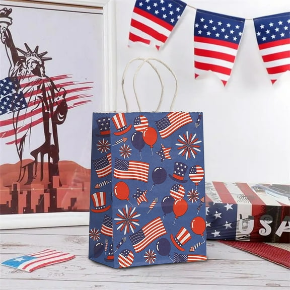 Cheapark 4th of July Patriotic Gift Bags Independence Day Tricolor Flag Printed Kraft Paper Tote Bags Gift Wrapping Shopping Party Event Home 250th Anniversary Supplies
