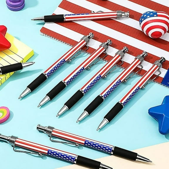 Cheapark 4th of July Patriotic Tricolor Flag Push Pen Ballpoint Pen Black Ink 1ML Roller Pen Daily Use Holiday Gift Office Home Independence Day 250th Anniversary Supplies
