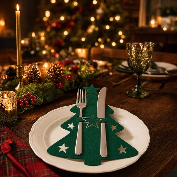 Cheapark 5 pieces fabric holiday cutlery holder pouches, festive tableware silverware storage cover bags, for dinner table holiday party dining