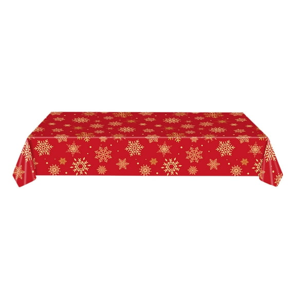Cheapark 54x108 Inch Red & Gold Snowflake Plastic Tablecloth - Christmas Party Background Banner, Festive Decor for Winter Gatherings