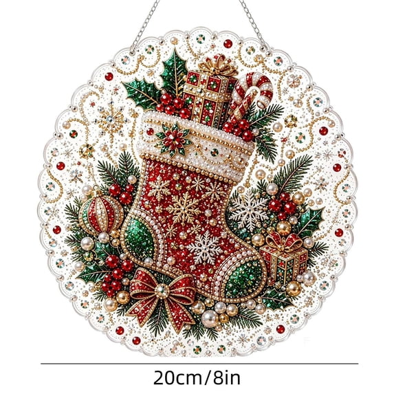 Cheapark 7.87 Inch Christmas Pearl Diamond Art Hanging Ornament Kit, Bead Painting Suncatcher Set for Window Wall, Festive Art Craft Decor for Christmas Home Holiday Display Gift