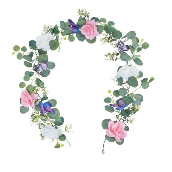 Cheapark Artificial Eucalyptus Vine 66.9 Inch Fake Greenery Garland with Flowers Butterflies Home Wall Arch Decor Wedding Party Spring Decoration