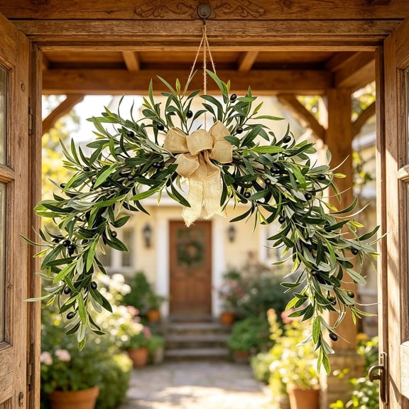 Cheapark Artificial Olive Wreath Greenery Garland Household Wall Hanging Mirror Ornament for Fireplace Entryway Spring Summer Daily Home Landscape Decoration