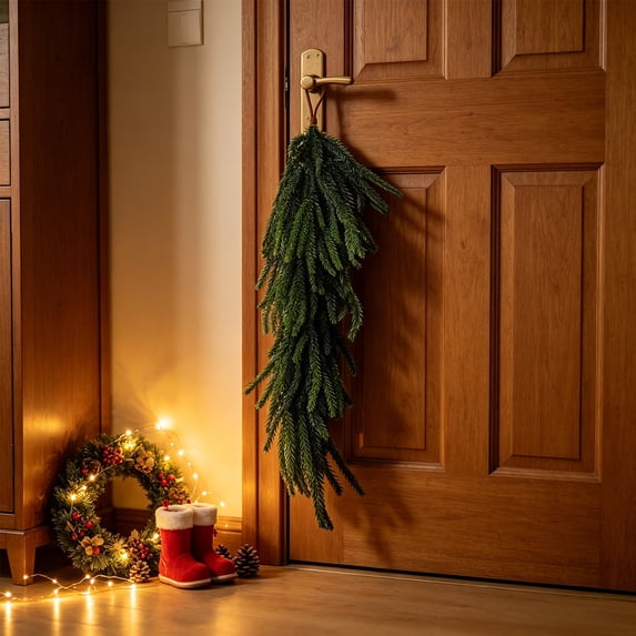 Cheapark Artificial Pine Needle Christmas Garland, Realistic Hanging Vine Door Wall Decor, Holiday Seasonal Christmas Ornament for Front Door Mantel Window Porch, 26.38 Inch Gift