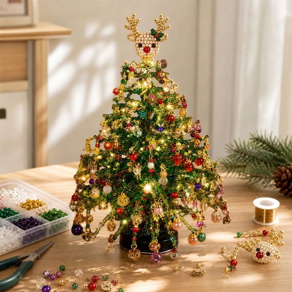 Cheapark Beaded Mini Tabletop Christmas Tree Craft Kit with Light, Handmade Xmas Tree Decor with 3 Styles Topper, Festive Desktop Ornament Gift for Christmas Home Display Gift