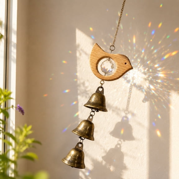 Cheapark Beech Wood Wind Chime Crystal Bell Wind Chime Clear Tone Elegant for Home Porch Window Garden Hanging Decor Gift