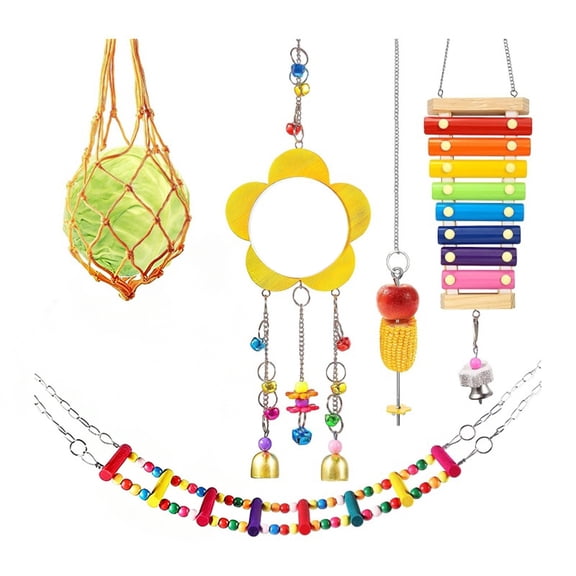 Cheapark Bird Cage Accessories Set Multi Function Toys Kit Foraging Net Ladder Mirror Fruit Skewer Wooden Xylophone Pet Bird Supplies