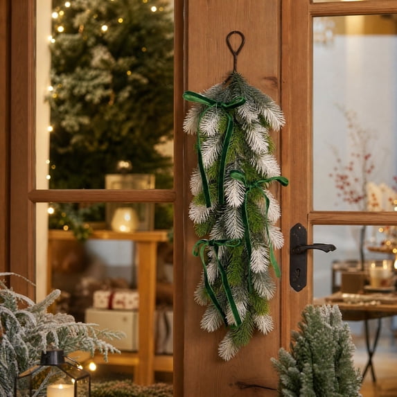 Cheapark Bow Christmas Teardrop Swag, Artificial Pine Branch Door Hanging Ornament, Holiday Party Christmas Decor for Home Front Door Wall Window Mantel, 23.62 Inch, Green Gift