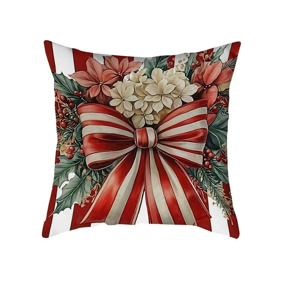 Cheapark Christmas Red Striped Bow Pillowcase - Cushion Cover for Home Sofa, Festive Decor for Christmas Holiday