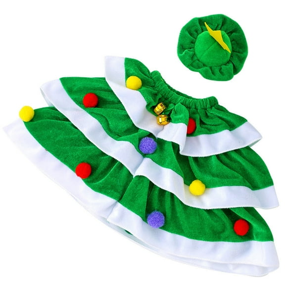 Cheapark Christmas Tree Costume Dress With Bells, Pom-Poms & Festive Hat - Red & Green Design - Home Holiday Decor Accent For Christmas Festivities & Indoor Gatherings