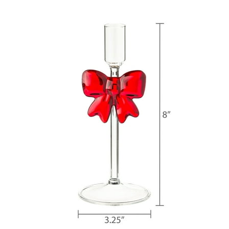 Cheapark Clear Glass Christmas Taper Candle Holders - With Bow Accent for Tabletop, Festive Decor for Holiday Candlelight Dinners