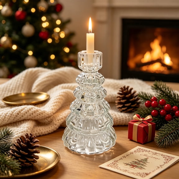Cheapark Clear Glass Christmas Tree Candle Holder, Transparent Holiday Tree Candlestick Decor, Festive Table Centerpiece for Christmas Atmosphere Display Gift