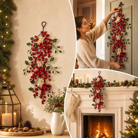Cheapark Dense Artificial Christmas Hanging Swag, Realistic Faux Pine Wall Ornament for Home, Holiday Seasonal Decor for Front Door Mantel Window Porch, 22.83 Inch, Beige Gift