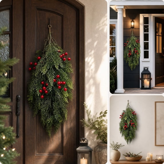 Cheapark Dense Artificial Pine Needle Christmas Garland, Realistic Hanging Vine Teardrop Swag for Wall Decor, Holiday Seasonal Christmas Ornament for Front Door Mantel Window Porch, 19.69 Inch Gift