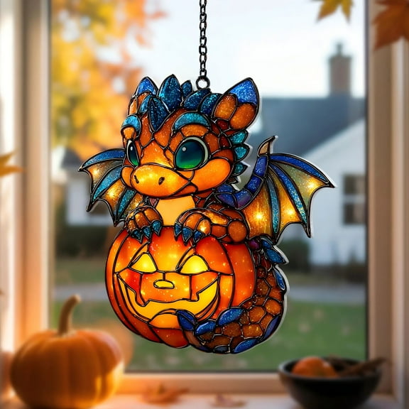 Cheapark Dragon Pumpkin Suncatcher - Festive Halloween Window Decor For Indoor Display, Holiday Ornamental Art