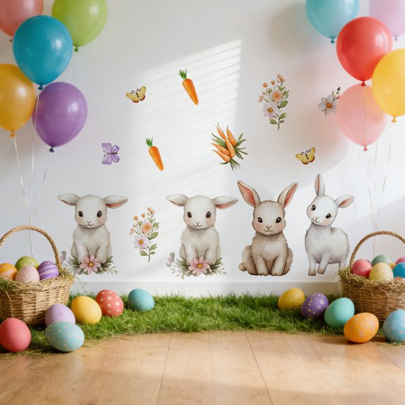 Cheapark Easter Bunny Wall Decals Simple Floral Design Stickers For Home Wall Bedroom Living Room Easter Holiday Decor