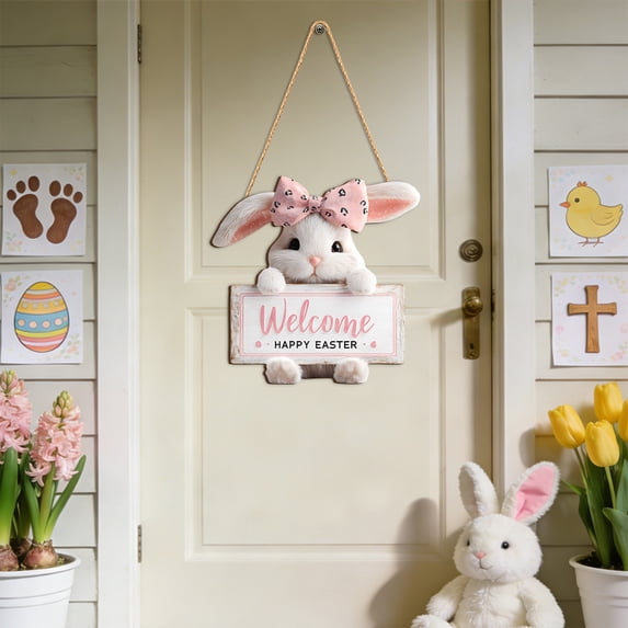 Cheapark Easter Bunny Welcome Sign 2D Flat Wooden Wall Hanging Holiday ...