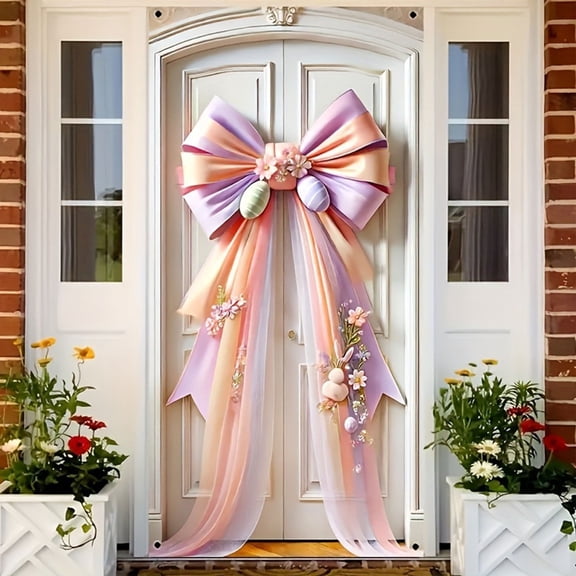 Cheapark Easter Door Cover Banner Spring Floral Blue Bow Pastel Design for Indoor Outdoor Easter Party Festival Decor