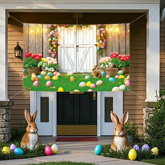 Cheapark Easter Photo Booth Backdrop Cloth with Egg and Bunny Designs Wrinkle-Resistant Portable Background for Indoor Outdoor Spring Party Decorations and Celebrations