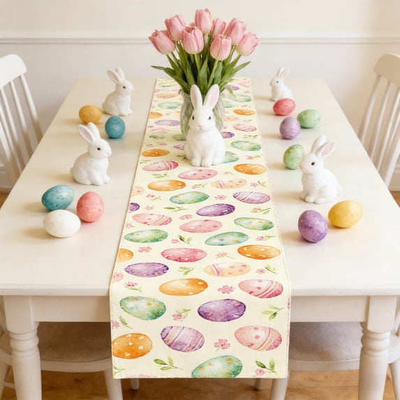Cheapark Easter Themed Table Runner with Bunny Egg and Floral Patterns for Holiday Party Table Decor 73x14 Inch