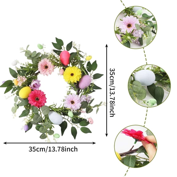 Cheapark Easter Wreath with Artificial Flowers Colorful Spring Egg Front Door Decor for Holiday Home and Entryway Display