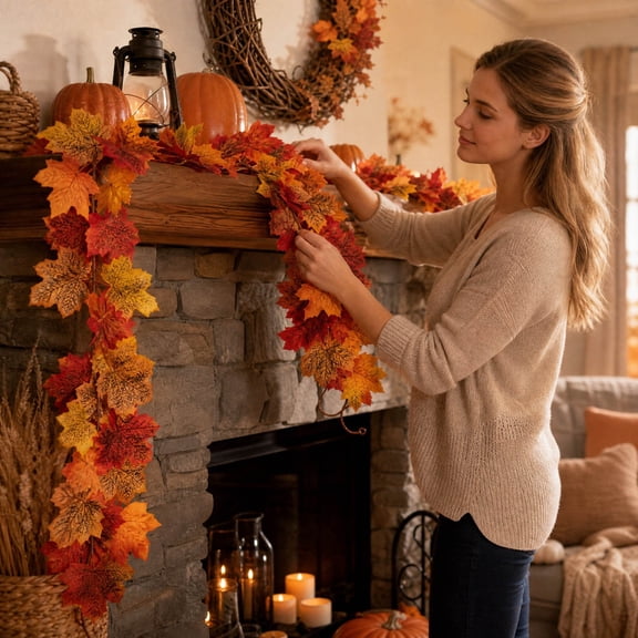 Cheapark Fall Artificial Maple Leaf Garland Hanging Vine Decor for Wall Door Mantel Party Holiday Home Decoration Gift