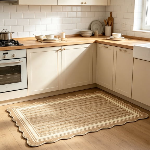 Cheapark Floor Rug Jute Kitchen Mat Khaki fan edged jute printed rug 19.69 inch by 31.50 inch non slip dustproof mat for kitchen and bathroom ground use Gift