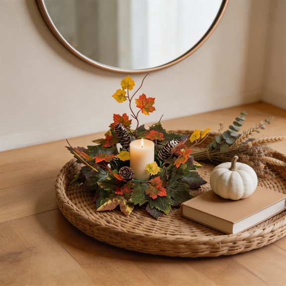 Cheapark Halloween Candle Wreath Ring, Maple Leaf Rose Decorative Candle Holder Ring, Tabletop Holiday Party Decoration Centerpiece Ornament Gift