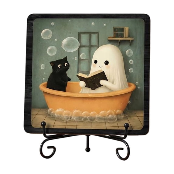 Cheapark Halloween Wooden Tabletop Sign, Bathroom Bedroom Shelf Tiered Tray Decor Plaque, Vintage Ghost Bathtub Black Cat Art Ornament with Metal Display Stand Single Wood Decor