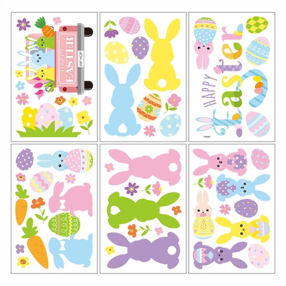 Cheapark Happy Easter Bunny Wall Stickers Colorful Bunny Truck Flower PVC Decals for Spring Party Home Office