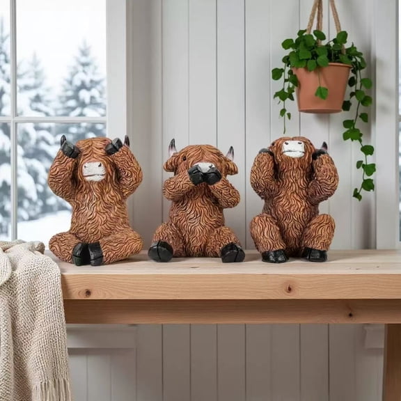 Cheapark Highland Cow Resin Figurine Covered Eye Creative Art Statue Rustic Desktop Ornament for Home Office Leisure Unique Decor